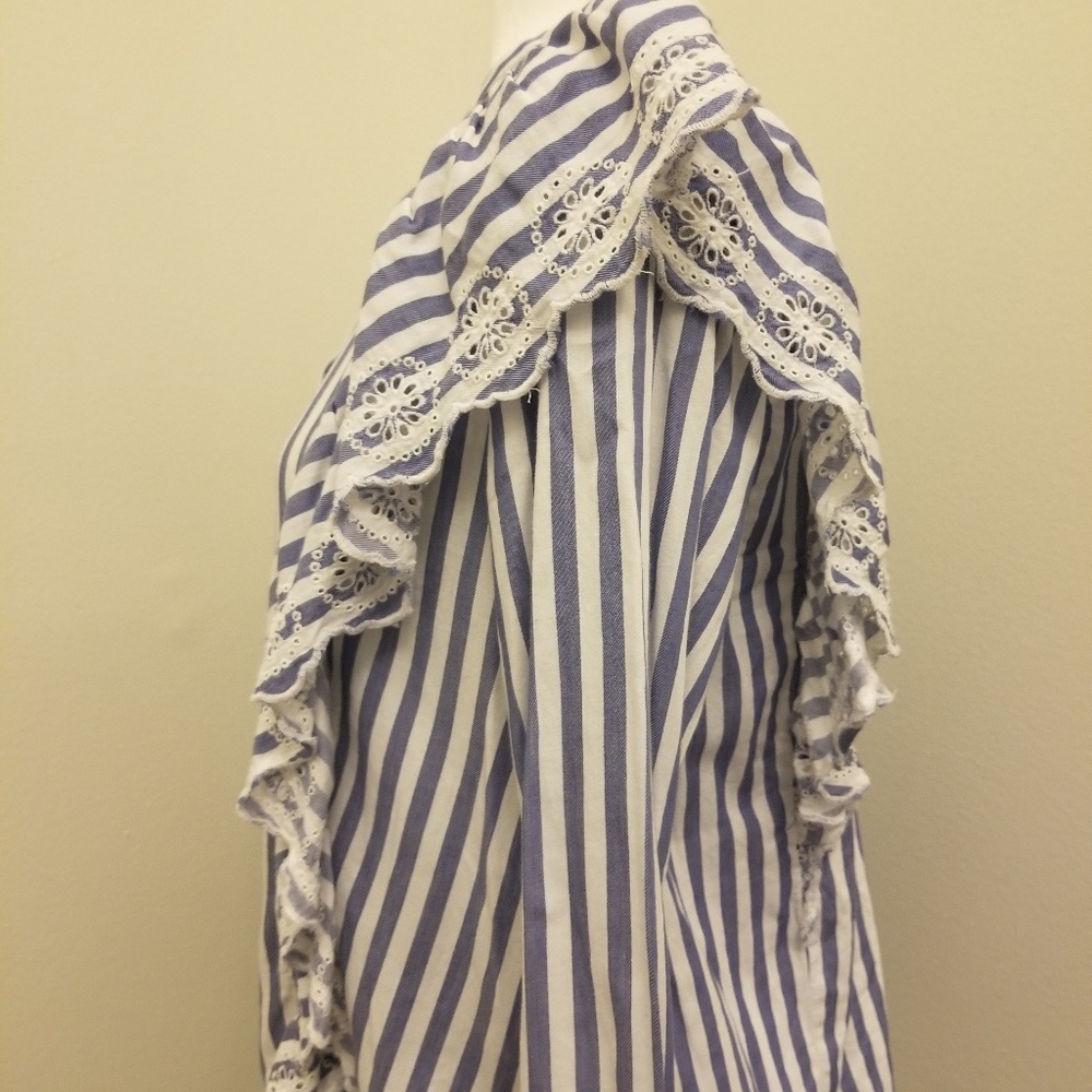 Stripe Ruffle Eyelet Button Down Collarless Shirt - image 4